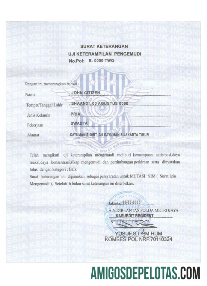 Certificado de motorista da INDONÉSIA baixar para verificação